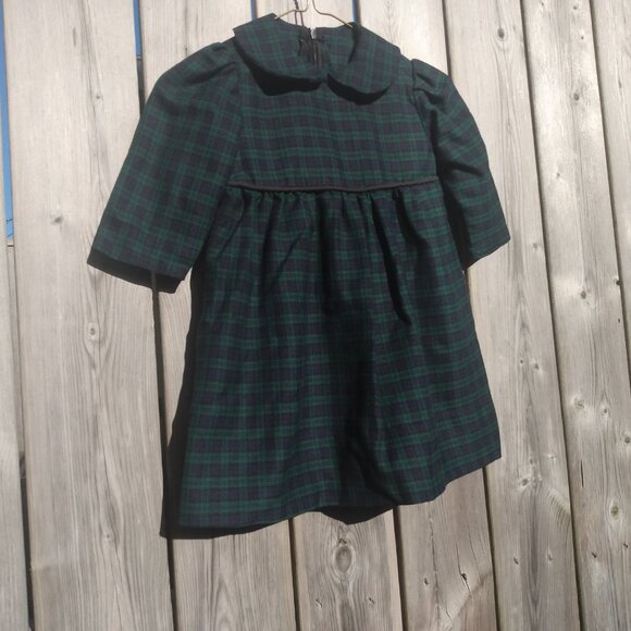 Vintage Baby Dress Dark Blue Green Plaid Toddler Christmas Old Fashioned - Picture 3 of 16